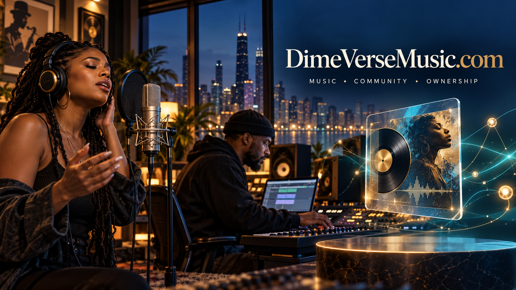 Independent recording artist working in a futuristic Chicago music studio